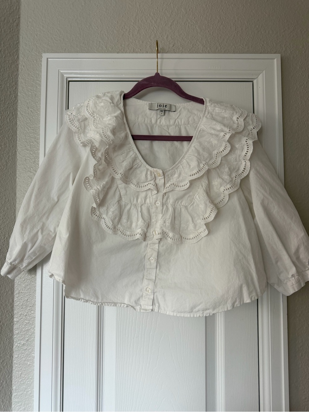 Joie White Cotton Ruffled Eyelet Collar Blouse